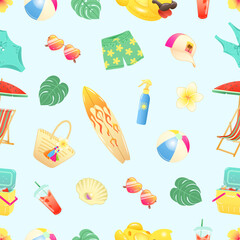 Seamless pattern with beach summer accessories on light blue background Vector illustration