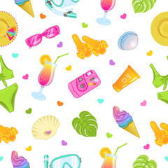 Seamless vector pattern with summer beach accessories in bright colors