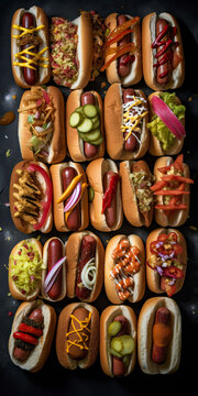 A huge colorful variety of dressed hot dogs set next to each other in a grid pattern created with Generative AI technology