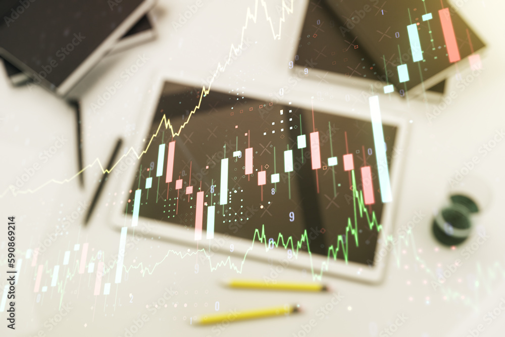 Poster multi exposure of abstract financial graph and modern digital tablet on desktop on background, top v