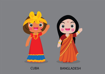 Montenegro peopel in national dress. Set of Bangladesh woman dressed in national clothes. Vector flat illustration.