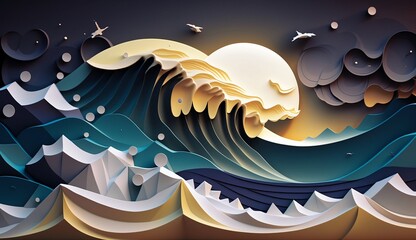 Abstract background with ocean landscape in the night, wave and sky in paper art and craft design concept.  Created using generative AI.