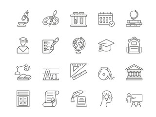 School line icons. Students academic studying. Master or graduate. Teacher at class blackboard. College lesson. University education. Books and stationery. Vector outline strokes set