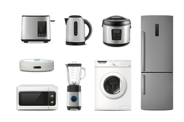 Fototapeta premium Electric home appliances. Realistic gadgets. Household machines. Fridge and kettle. Toaster and microwave. Kitchen multicooker. Washer or robot vacuum cleaner. Vector house equipment set