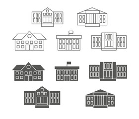 School education. University campus. College building icons. Elementary facility. Library and preschool studying. Line or silhouette schoolhouse architecture. Vector outline symbols set