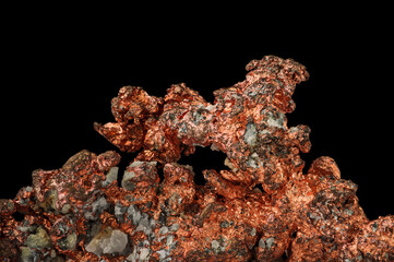 native copper (Cu) with black background. macro detail texture background. close-up raw rough unpolished semi-precious gemstone