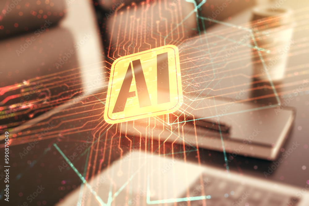 Aufkleber double exposure of creative artificial intelligence icon with modern laptop on background. neural ne