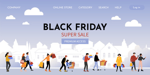 Online shopping landing page. Black Friday. Season sale. Customers walk with shop bags. People making clothing purchases. Discount gifts. Special offer. Vector design website interface