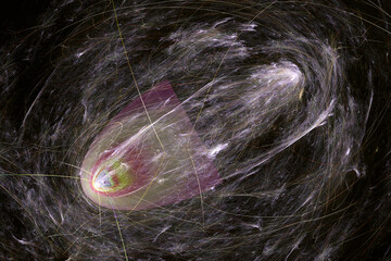 Lilac pattern of crooked waves and threads on a black background. Abstract fractal 3D rendering