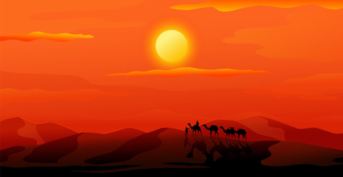 Sahara dunes. India desert sunset. Morocco scenery. Egyptian or Indian silhouettes. Africa journey landscape. Caravan travel by camels. Evening panorama. Red sky. Vector illustration image