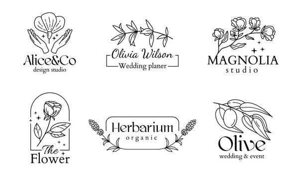 Botanical bohemian logo, wedding chic. Line beauty leaf for cafe, photography and design studio, floral monogram alphabet. Simple logotype template set. Vector illustration botanical frames