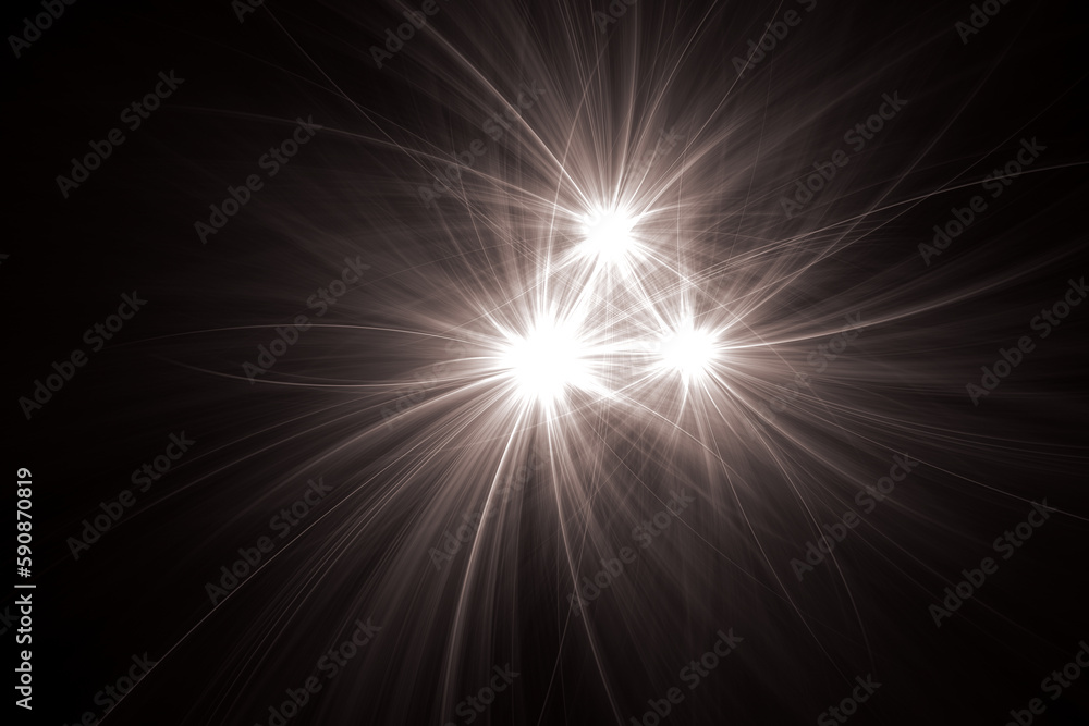 Poster white triple glowing pattern of crooked rays on a black background. abstract fractal 3d rendering