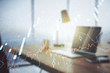 Multi exposure of abstract financial diagram with world map on computer background, banking and accounting concept