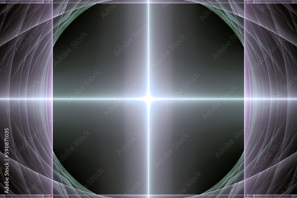 Poster purple gray glowing pattern of crooked waves and rays on a black background. abstract fractal 3d ren
