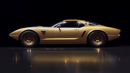 a yellow sports car is shown in a dark room with reflective flooring and a black background with a reflection