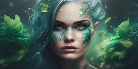 Mother Nature, a woman in the image of nature, a magical abstract representation of the environment as a person, an elf or a fairy druid, protection of nature, Earth Day, generative ai