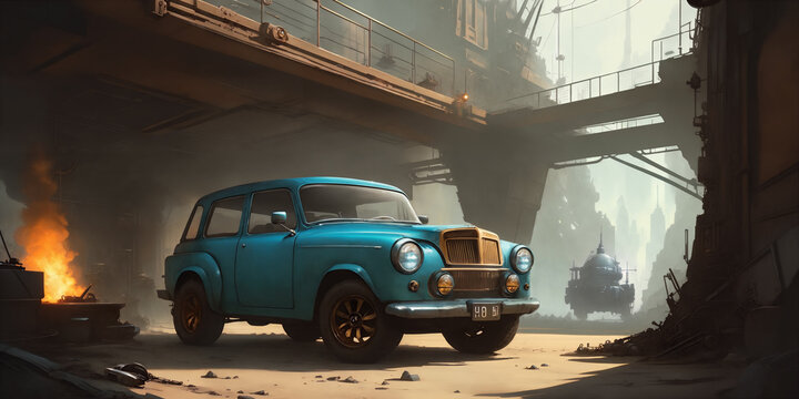 a blue car parked in a dirty industrial area 