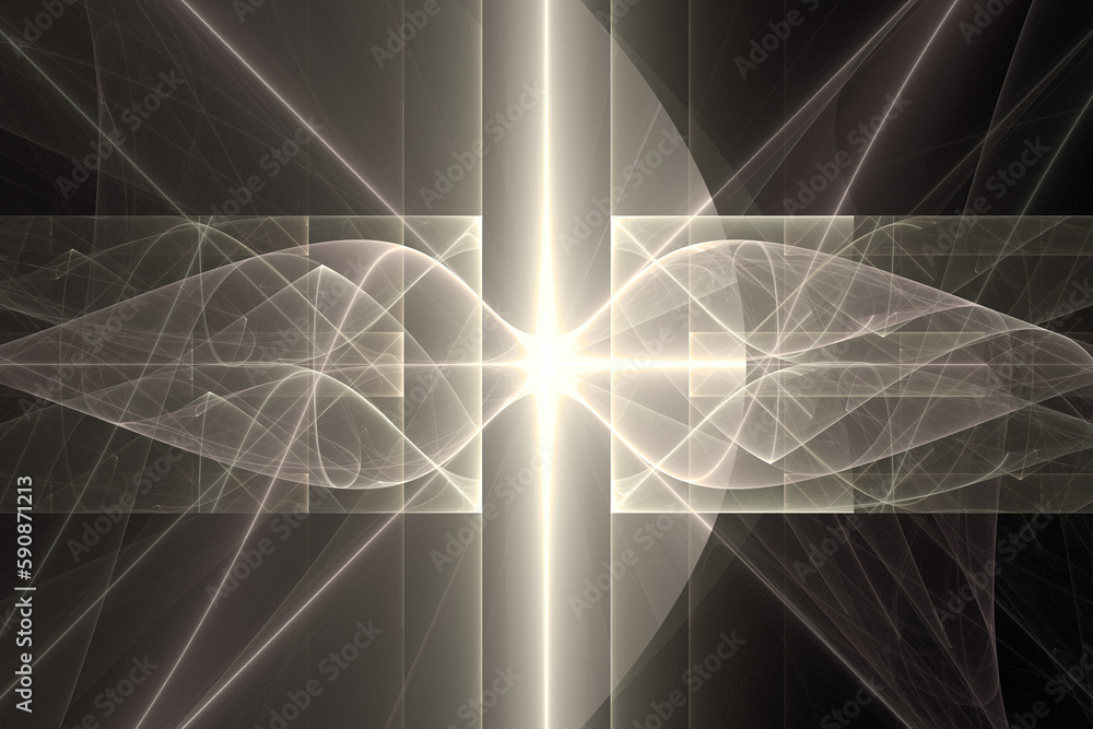 Aufkleber yellow glowing pattern of crooked waves and rays on a black background. abstract fractal 3d renderin