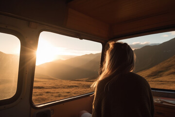 Young woman with blonde hair enjoying wanderlust view out of campervan window, relaxing travel background. Generative AI. - 590871455