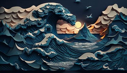 Abstract background with ocean landscape, wave and sky in paper art and craft design concept.  Created using generative AI.