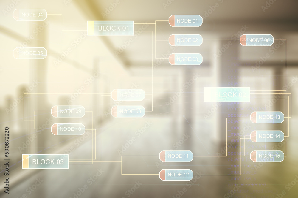 Poster Multi exposure of abstract programming language hologram on abstract empty interior background, artificial intelligence and machine learning concept