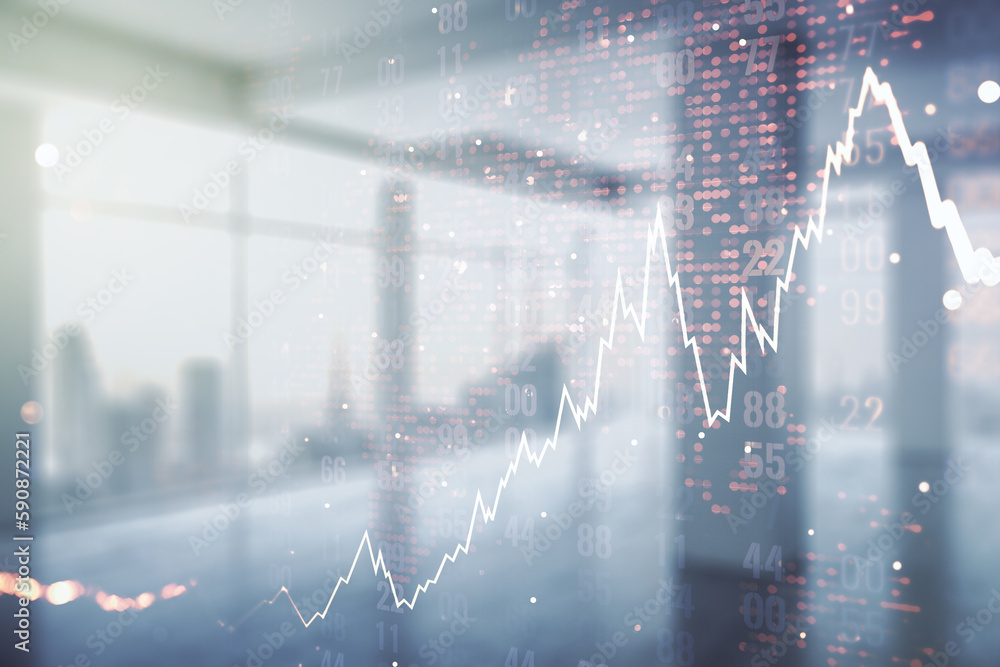 Poster multi exposure of virtual abstract financial chart hologram and world map on empty modern office bac