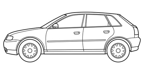 Outline drawing of a hatchback car from side view. Vector outline doodle illustration. Design for print or color book