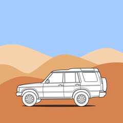 Classic luxury suv car on background of desert. minimalistic design. Crossover car side view shot. Outline doodle vector illustration. Design for print, coloring book.