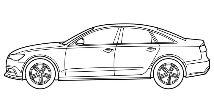 Classic business class sedan car. 4 door car on white background. Side view shot. Outline doodle vector illustration