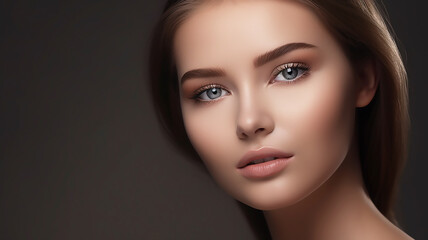 Fototapeta premium Glamorous girl with natural make-up on a gray background. Close-up, generative AI tools 