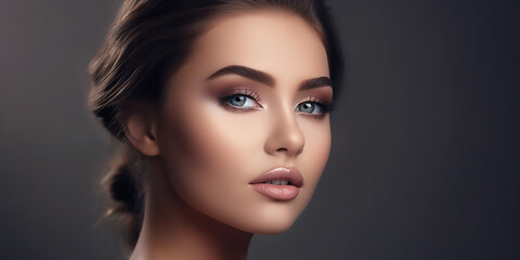 Glamorous girl with natural make-up on a gray background. Close-up, generative AI tools 