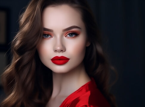 Portrait of beautiful elegant woman with perfect makeup, red lips and red nails on black background , generative AI tools 