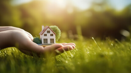 Hands holding a house on background of a summer landscape. Ideal for advertising of private houses. Copy space. Based on Generative AI