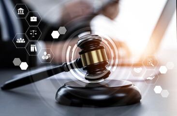Smart law, legal advice icons and lawyer working tools in the lawyers office showing concept of...
