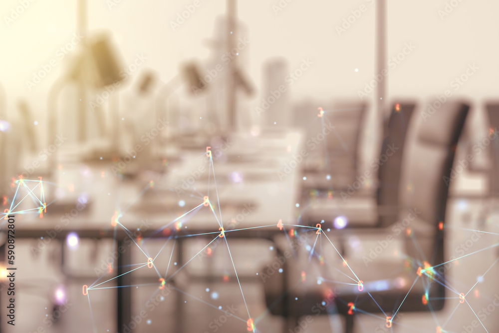 Poster abstract virtual wireless technology hologram on a modern furnished office background. big data and 