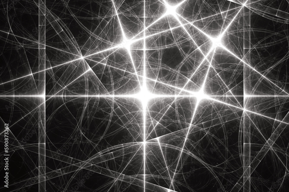 Poster white glowing pattern of crooked waves and rays on a black background. abstract fractal 3d rendering