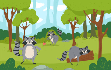 Raccoon animal forest wood background concept. Vector graphic design illustration