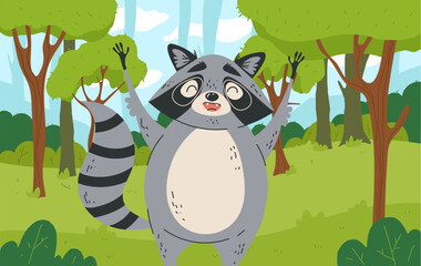 Raccoon animal forest wood background concept. Vector graphic design illustration