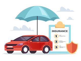 Insurance claim policy auto car automobile under umbrella concept. Vector graphic design illustration