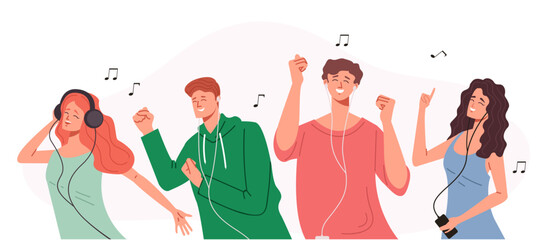 People listen music song by phone isolated concept. Vector graphic design illustration
