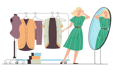 People look at mirror wear trying clothes concept. Vector graphic design illustration
