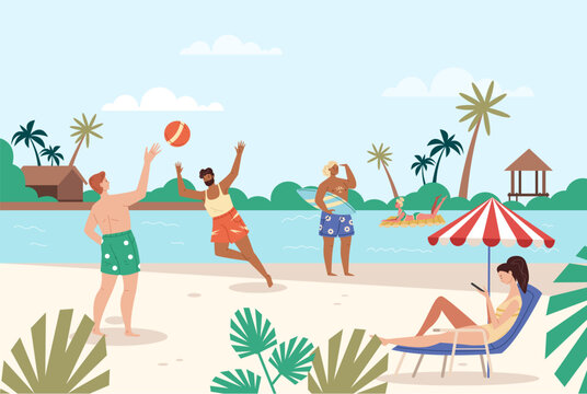 People on beach sea summer vacation concept. Vector graphic design illustration