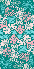 Multicolor abstract background with tropical palm leaves in Matisse style. Vector seamless pattern with Scandinavian cut out elements.