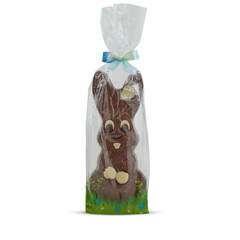 Bunny rabbit shaped chocolates in plastic bag with cut out isolated on background transparent
