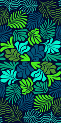 Multicolor abstract background with tropical palm leaves in Matisse style. Vector seamless pattern with Scandinavian cut out elements.