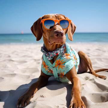 Summer vacation on the beach with dog wearing sunglasses and an island shirt created with Generative AI technology