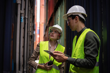 Engineer or Foreman using reality glasses simulation working with hologram control or check inventory details of containers box in container yard reality development process concept