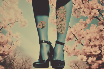 Beauty and fashion concept. Woman legs with blooming flowers vintage style abstract colorful and grunge collage. Generative AI