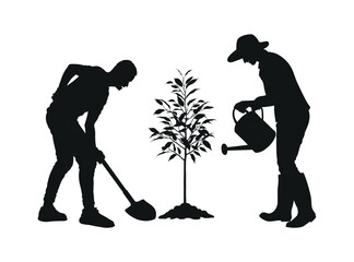 Silhouette of people couple planting outdoor nature. Man digging hole and woman watering plant gardening activities silhouette images.