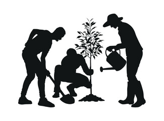 People planting trees outdoor silhouette. Men digging soil and woman watering plant vector black silhouette.